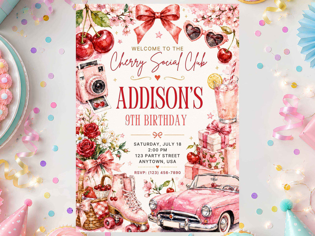 Cherry Retro Birthday Invitation | Editable Canva Template