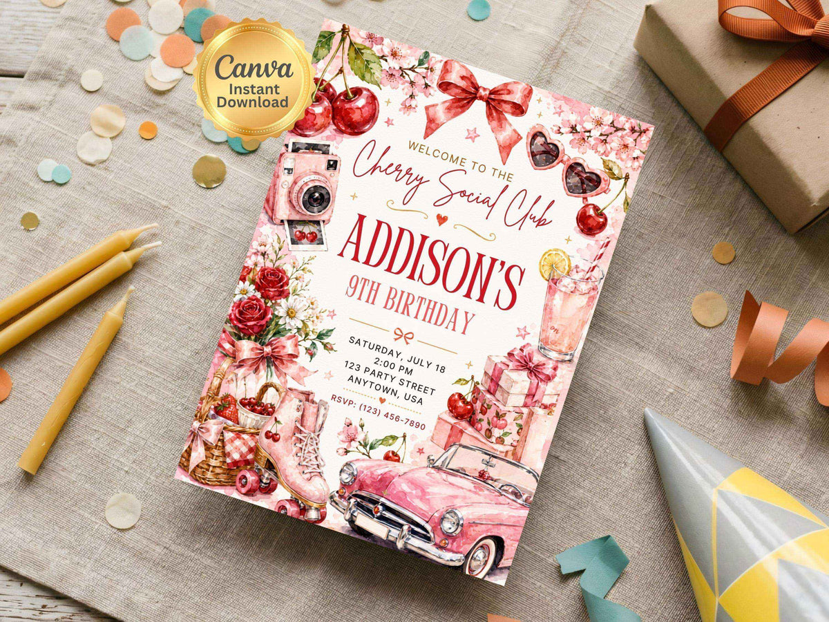 Cherry Retro Birthday Invitation | Editable Canva Template