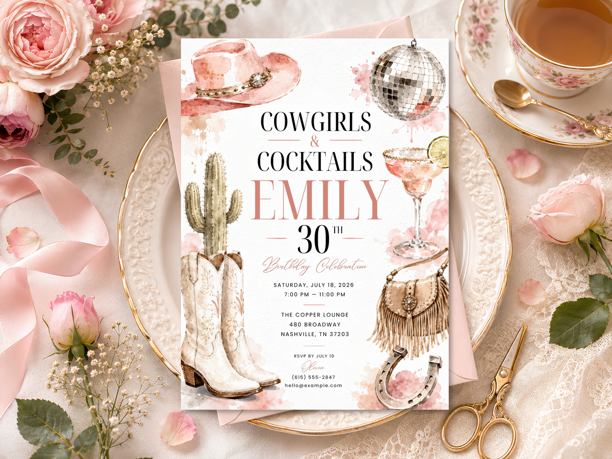 Cowgirl and cocktails birthday invitation template preview, page 11, showing the western birthday invitation concept with cowgirl and cocktail styling.