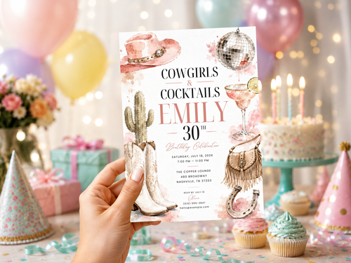 Cowgirl and cocktails birthday invitation template preview, page 2, showing the western glam digital birthday invitation design with soft watercolor details and elegant typography.