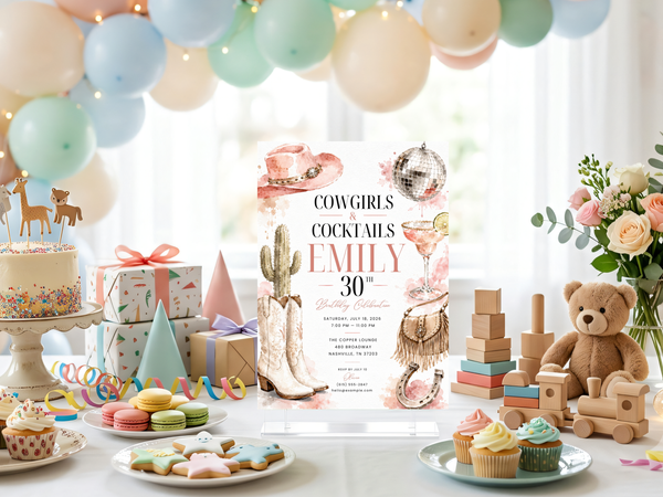 Cowgirl and cocktails birthday invitation template preview, page 4, showing the cowgirl, cocktail and western glam invitation design.