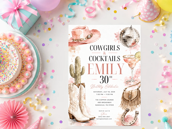 Cowgirl and cocktails birthday invitation template preview, page 6, showing the western birthday party invitation concept and editable template layout.