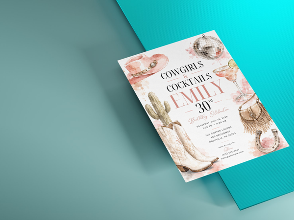 Cowgirl and cocktails birthday invitation template preview, page 7, showing the cowgirl cocktail birthday theme with western-inspired invitation artwork.