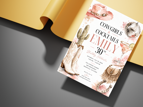 Cowgirl and cocktails birthday invitation template preview, page 8, showing the digital birthday invitation design in a soft western glam aesthetic.
