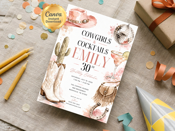 Cowgirl and cocktails birthday invitation template preview, page 9, showing the cowgirl birthday theme, western motifs and digital invitation layout.