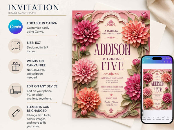 Dahlia Floral Birthday Invitation Template