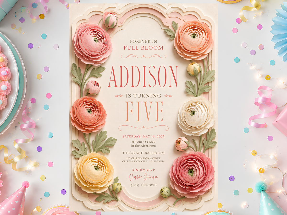 Floral birthday invitation template with layered pink and peach blooms, cream scalloped frame, sage greenery and pastel birthday styling.