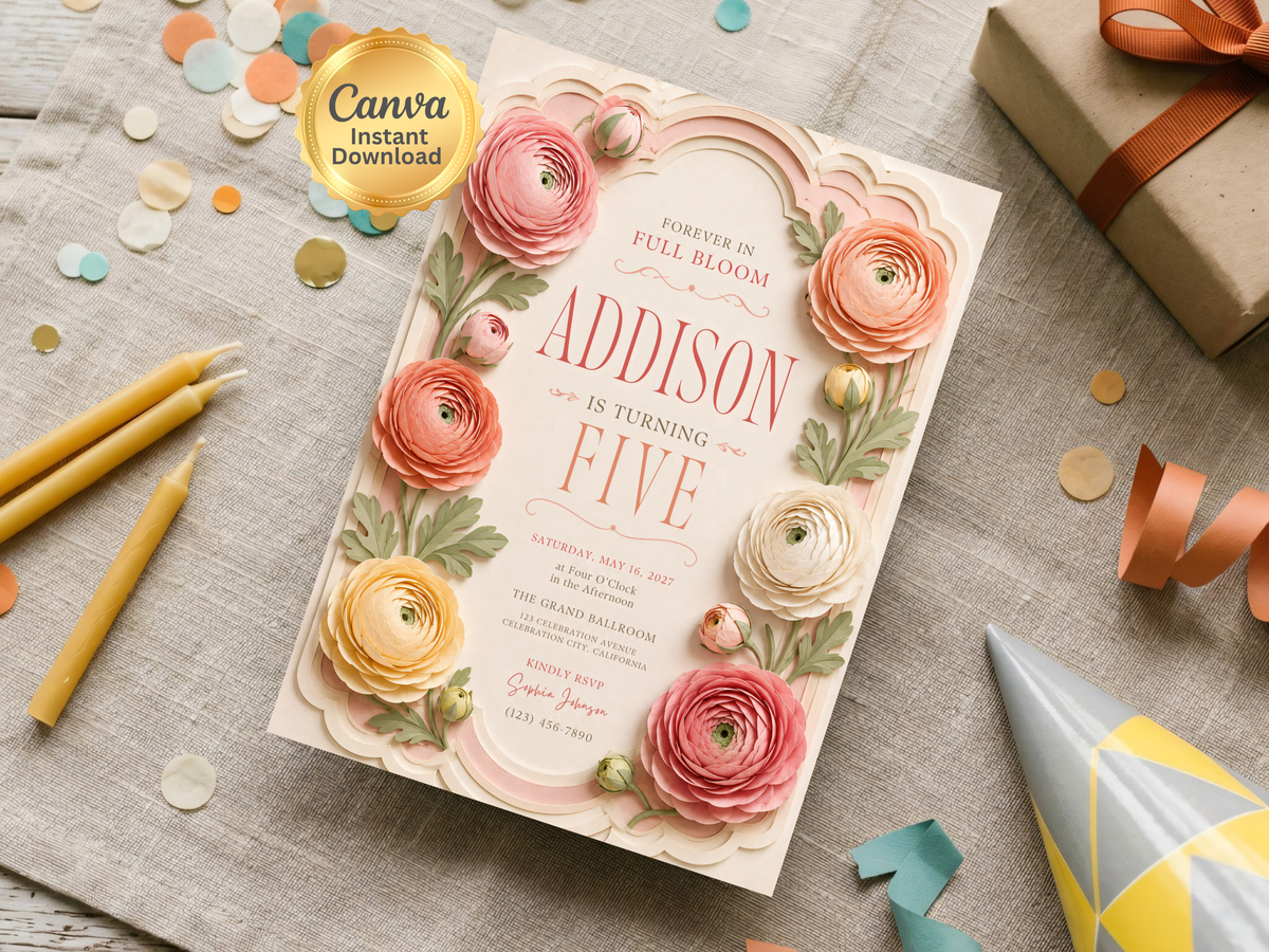 Floral birthday invitation template featuring layered flower artwork, a scalloped cream frame, leafy greenery and soft pastel colors for a floral birthday party.