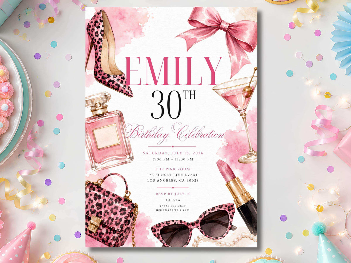 Page 1 preview of a glam birthday invitation template with pink watercolor washes, elegant editorial typography, leopard-print high heel, pink perfume bottle, oversized bow, cocktail glass, leopard handbag, sunglasses, lipstick, pearls and gold details for a chic adult birthday celebration.
