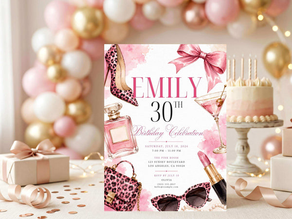 Page 5 preview of an editable glam birthday invitation template with pink and white watercolor washes, elegant typography and visible fashion accessories, beauty products, leopard print, cocktail details and gold accents for a milestone birthday.