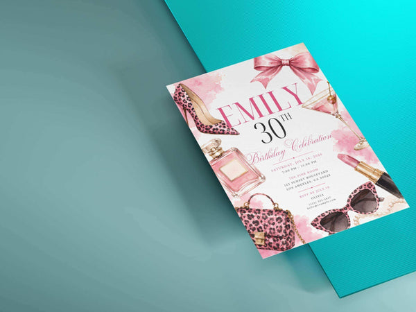 Page 7 preview of a pink fashion and beauty birthday invitation template combining watercolor washes with leopard-print heels and handbag, perfume, bow, cocktail glass, sunglasses, lipstick and pearls for an elegant feminine party theme.