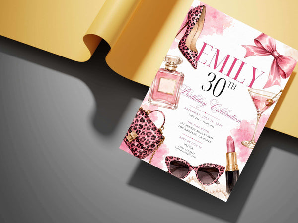 Page 8 preview of a glam birthday invitation in blush pink, hot pink, white, black and warm gold, showing watercolor illustration, leopard-print fashion motifs, beauty accessories and cocktail styling for a sophisticated adult celebration.