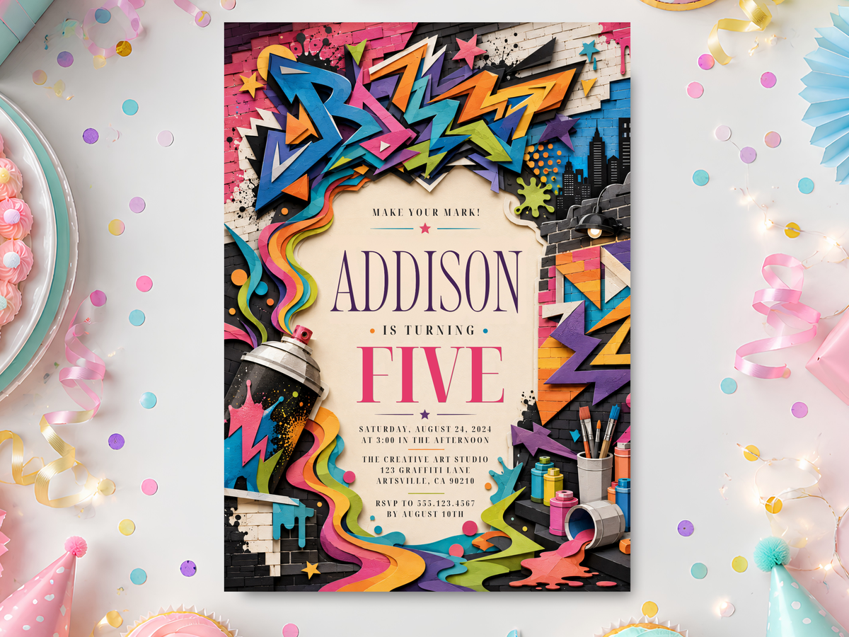 Graffiti street art birthday invitation template for kids with bold colorful lettering, brick wall texture, spray paint cans, paint splashes, art brushes, geometric accents, and an urban city skyline.