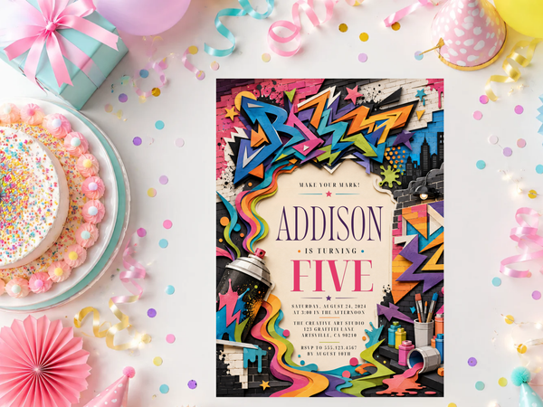 Graffiti street art birthday invitation template preview, page 6, showing the colorful urban birthday design and digital invitation format.