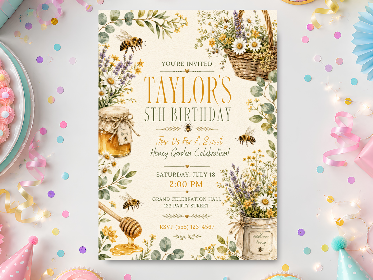 Honey Bee Garden birthday invitation for children with bees, white daisies, lavender, leafy greenery, honey jars, a honey dipper and a woven flower basket on a warm cream botanical background
