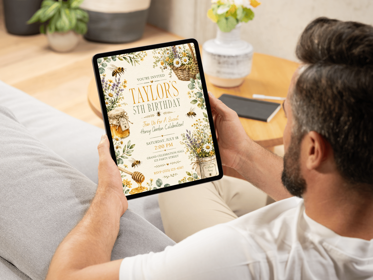 Honey Bee Garden birthday invitation template preview, page 12 of 12, showing the botanical garden, honey bee and floral birthday invitation theme