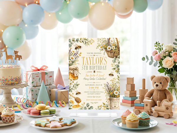 Honey Bee Garden birthday invitation template preview, page 4 of 12, showing the floral botanical styling of the Honey Bee Garden birthday invitation