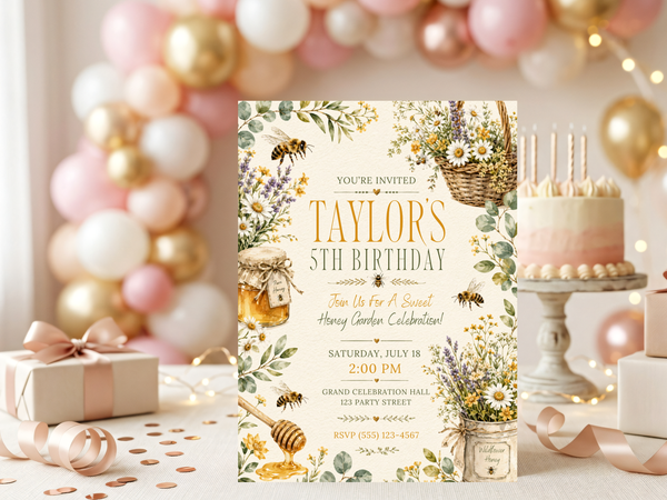 Honey Bee Garden birthday invitation template preview, page 5 of 12, showing the bee-themed garden birthday invitation artwork and editable template presentation
