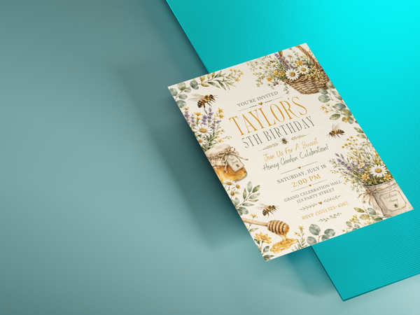 Honey Bee Garden birthday invitation template preview, page 7 of 12, showing the floral garden, honey bee and children's birthday invitation theme
