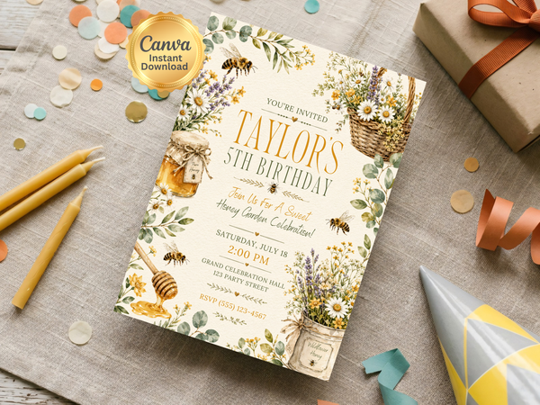 Honey Bee Garden birthday invitation template preview, page 9 of 12, showing the honey bee, garden and wildflower birthday invitation theme