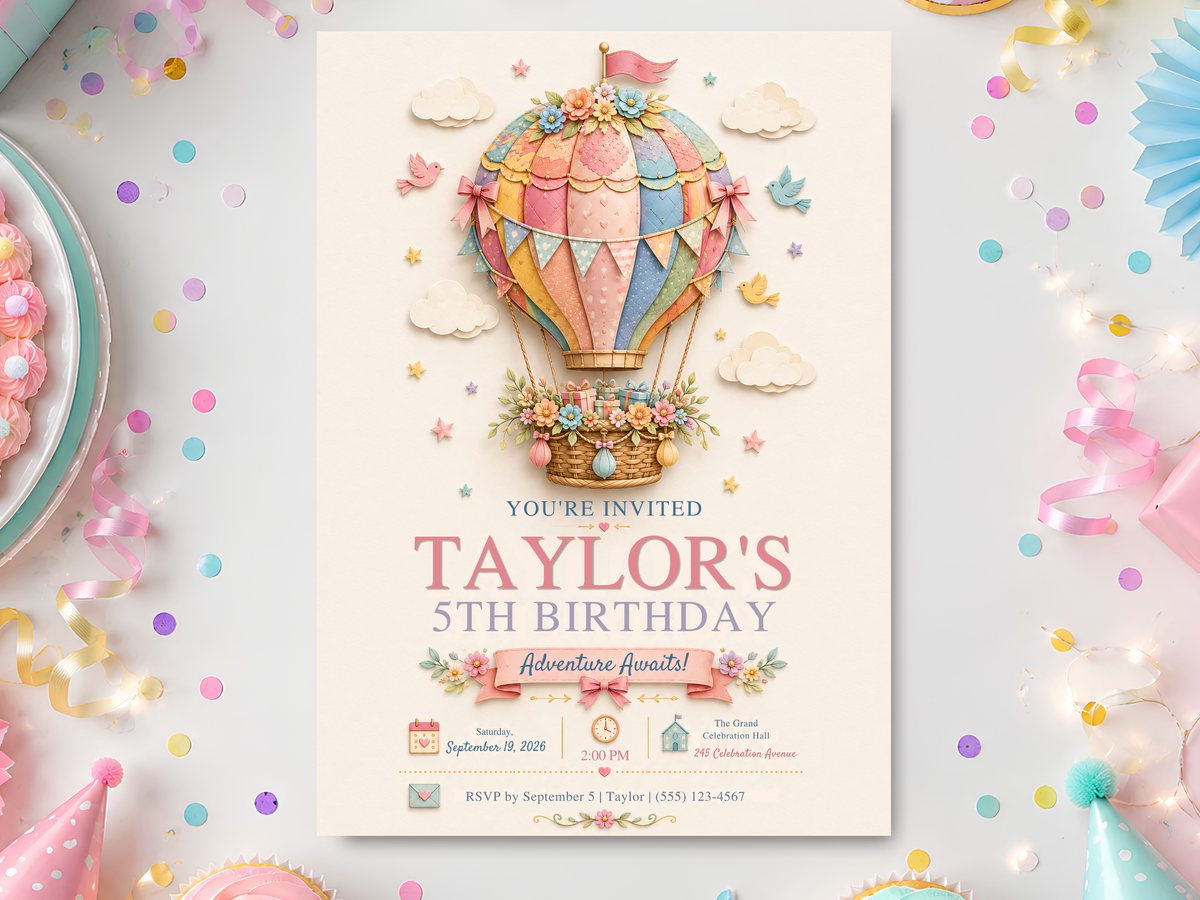 Pastel hot air balloon birthday invitation template for kids with colorful scalloped balloon, floral basket, bunting, clouds, birds, flowers and stars