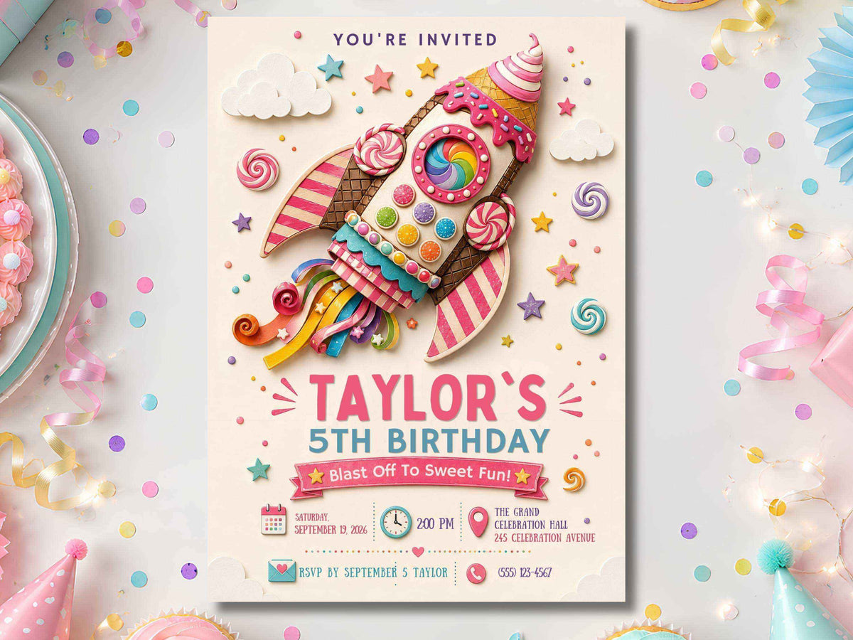 Ice Cream Rocket Birthday Invitation Template