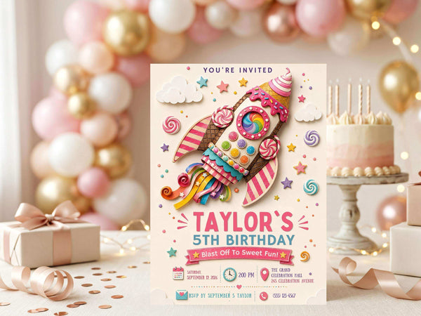 Ice cream rocket birthday invitation template preview with pastel pink, teal, blue, yellow, purple, orange, and cream party accents around the sweet-treat rocket theme.