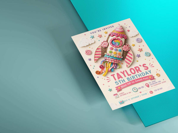 Ice cream rocket birthday invitation template preview for a colorful kids birthday celebration, combining an ice cream cone rocket with whimsical confectionery details.