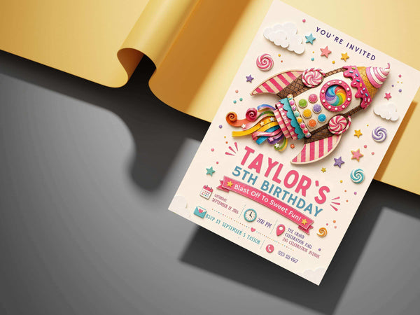 Ice cream rocket birthday invitation template preview with a playful dessert theme, colorful candy details, pastel party styling, and editable birthday invitation artwork.