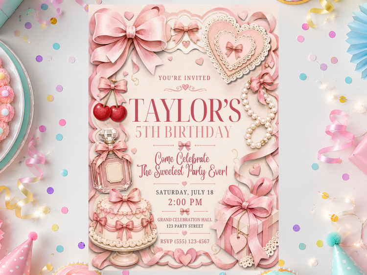 Pink bow birthday invitation with layered heart frames, pearl strands, cherries, perfume bottle, birthday cake, wrapped gift and ribbon details