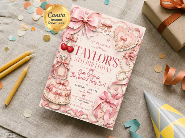 Pink bow birthday invitation with layered heart frames, pearl strands, cherries, perfume bottle, birthday cake, wrapped gift and ribbon details
