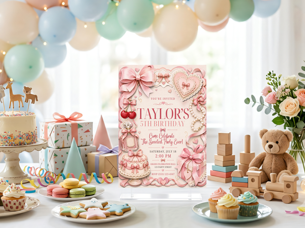 Pink bow birthday invitation with layered heart frames, pearl strands, cherries, perfume bottle, birthday cake, wrapped gift and ribbon details