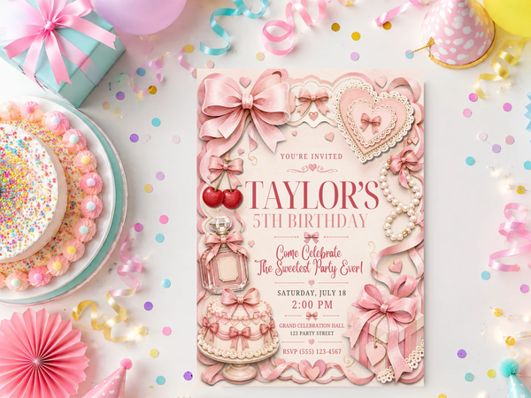 Pink bow birthday invitation with layered heart frames, pearl strands, cherries, perfume bottle, birthday cake, wrapped gift and ribbon details