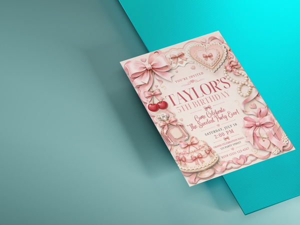 Pink bow birthday invitation with layered heart frames, pearl strands, cherries, perfume bottle, birthday cake, wrapped gift and ribbon details