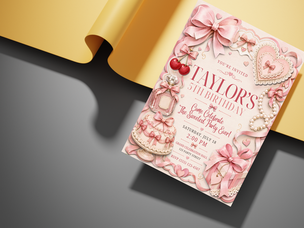 Pink bow birthday invitation with layered heart frames, pearl strands, cherries, perfume bottle, birthday cake, wrapped gift and ribbon details