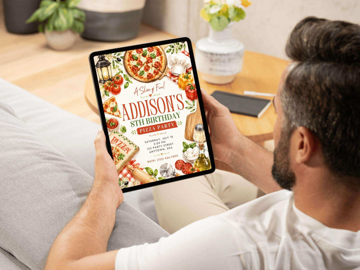 Pizza party birthday invitation template preview with watercolor Italian food styling, warm colors, and customizable digital birthday invitation details.