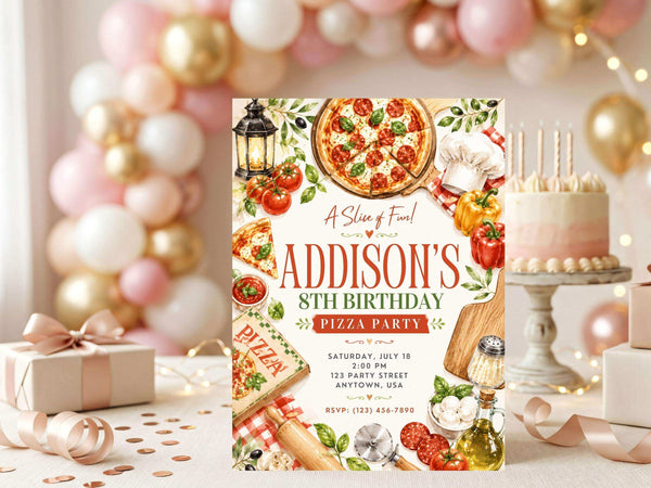 Pizza party birthday invitation template preview with illustrated food elements, warm neutral tones, and a playful Italian-inspired Canva birthday invitation design.