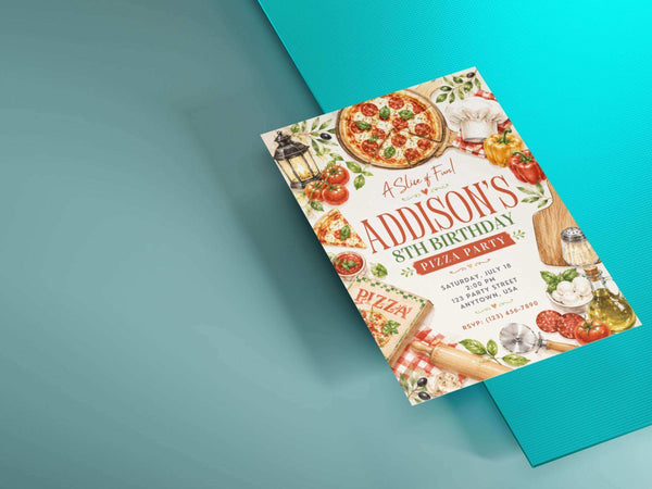 Pizza party birthday invitation template preview with watercolor food illustrations, pizza party styling, and an editable Canva birthday invitation design.