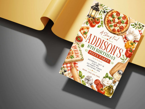 Pizza party birthday invitation template product preview with Italian food-inspired watercolor artwork and a customizable kids' birthday invitation format.
