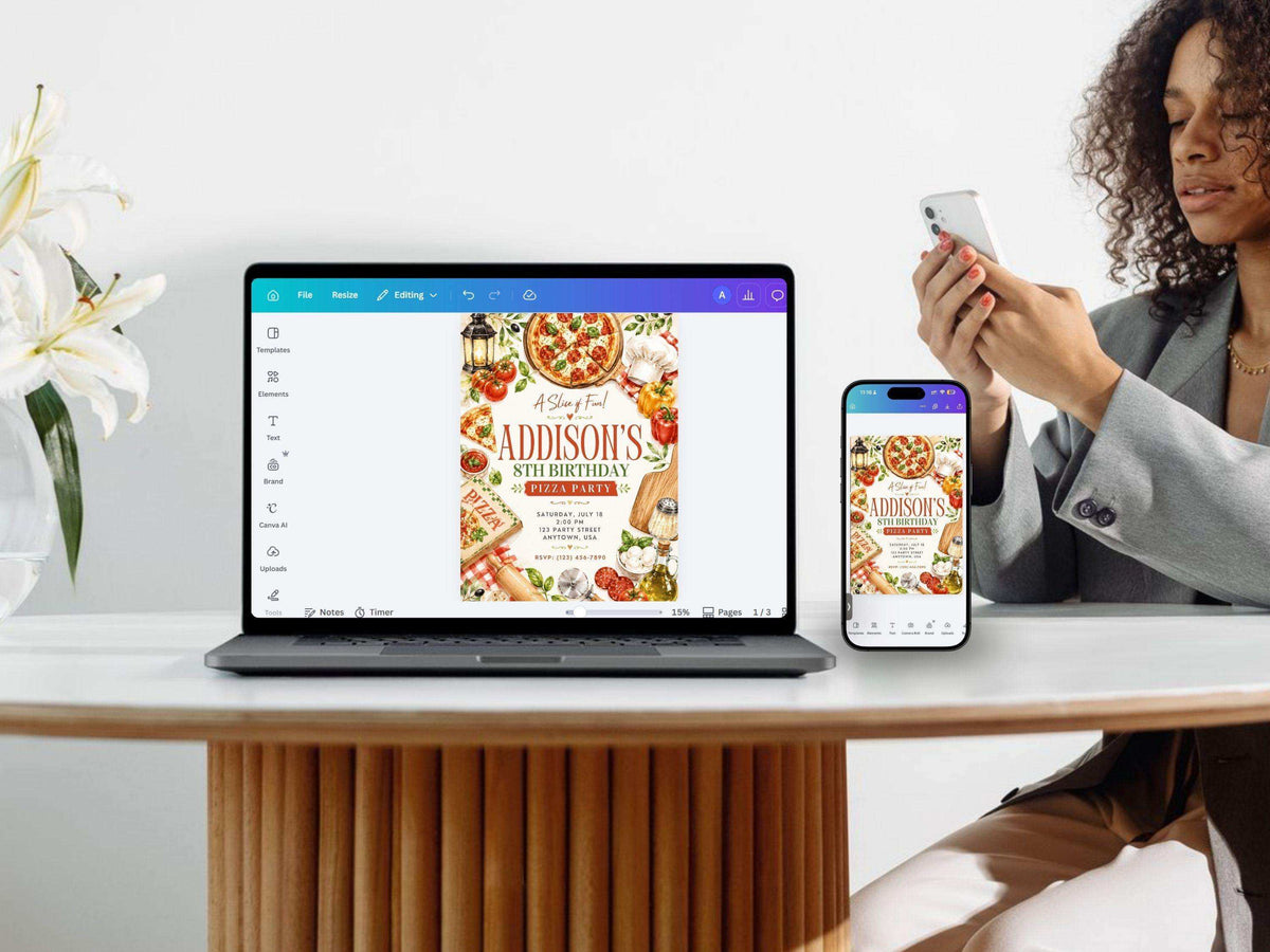 Pizza party birthday invitation template preview with watercolor pizza artwork, food-themed birthday styling, and editable Canva invitation details.