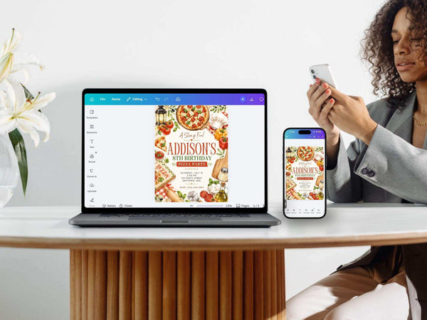 Pizza party birthday invitation template preview with watercolor pizza artwork, food-themed birthday styling, and editable Canva invitation details.
