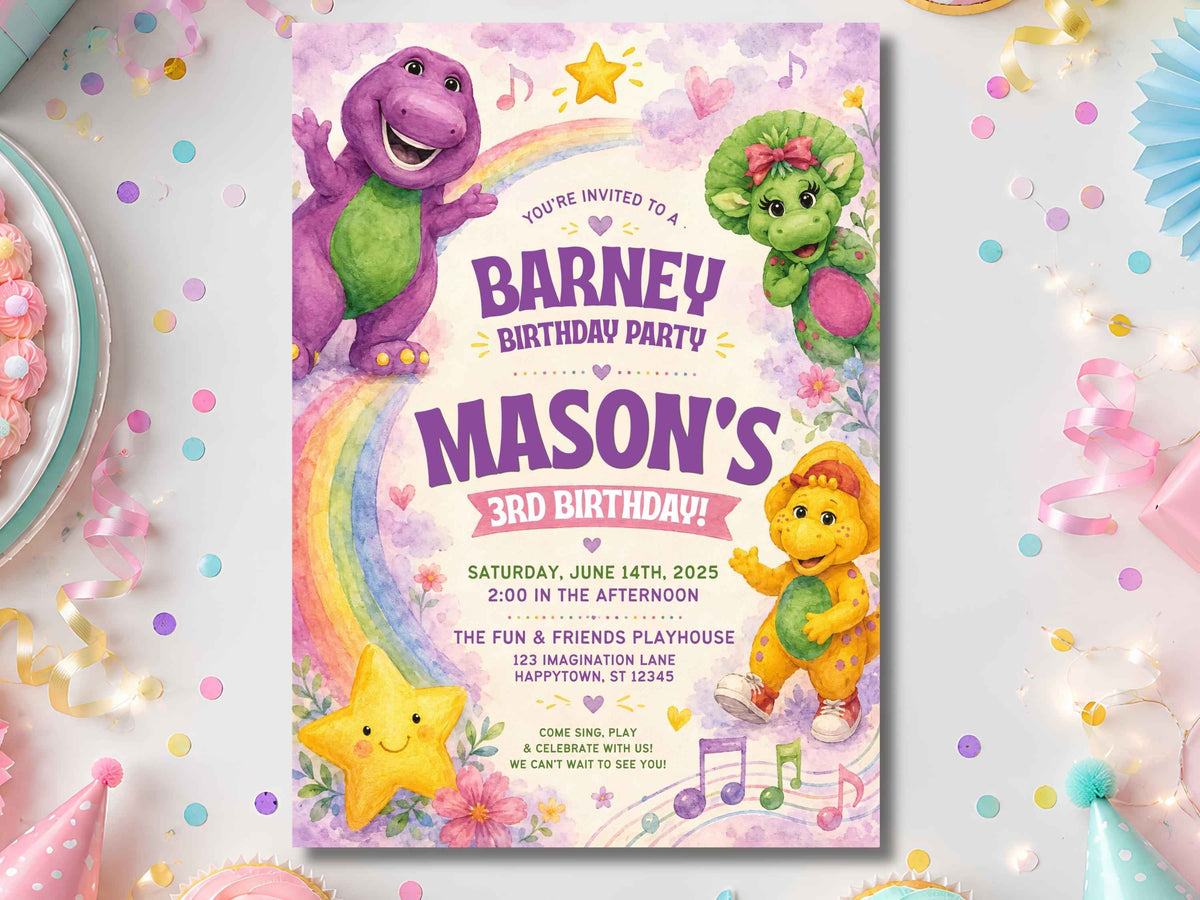 Purple Dinosaur Birthday Invitations – Printed Physical Invitations