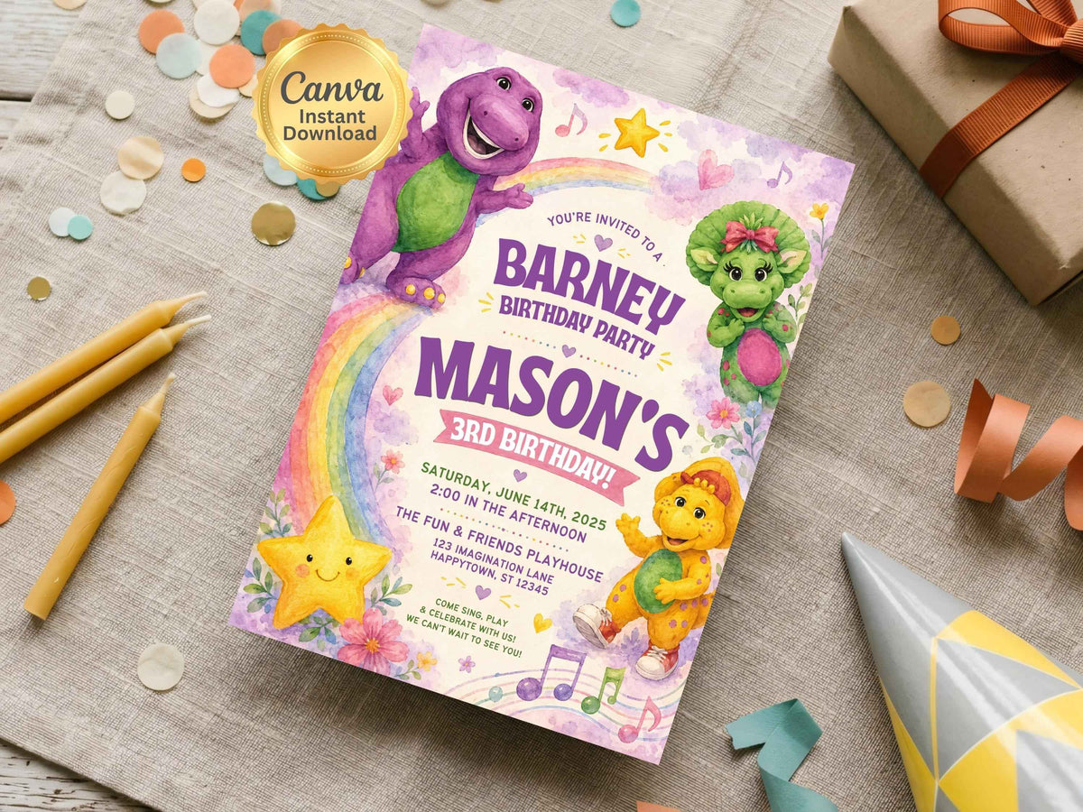 Purple Dinosaur Birthday Invitations – Printed Physical Invitations