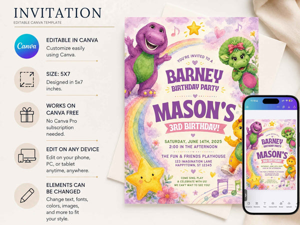 Purple Dinosaur Birthday Invitations – Printed Physical Invitations