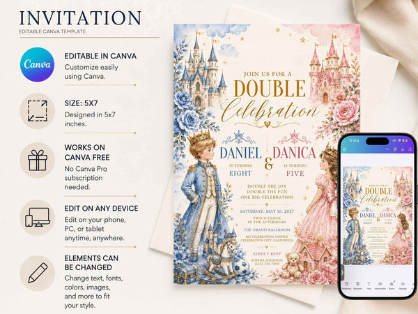 Royal Castle Double Birthday Invitations – Printed Physical Invitations