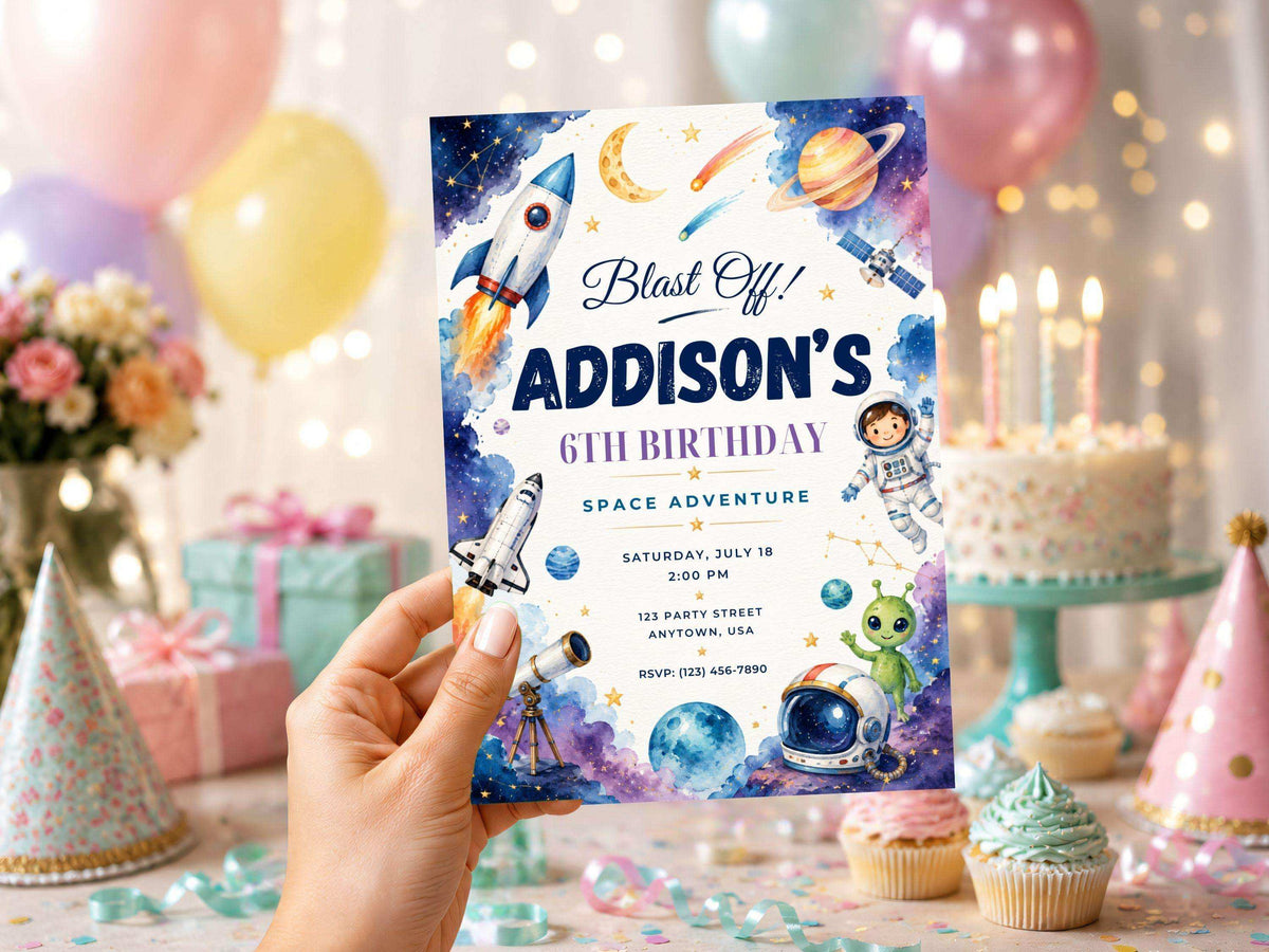 Editable Canva space birthday invitation template featuring a colorful rocket, astronaut, planets and cosmic watercolor artwork for kids.