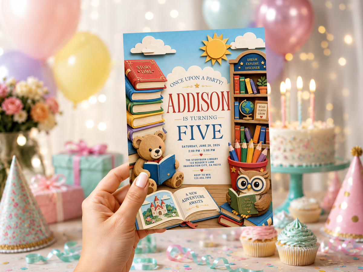 Storybook birthday invitation artwork featuring stacked storybooks, a bright sky blue background, cream pages, warm red and green book covers, and golden sun and cloud details.