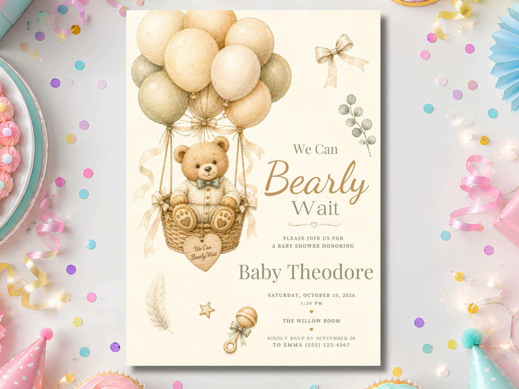 Vintage teddy bear baby shower invitation template in a cream and beige watercolor style, with a teddy bear in a woven balloon basket, soft neutral balloons, ribbon accents, botanical details, baby rattle, star, heart, and elegant nursery typography.