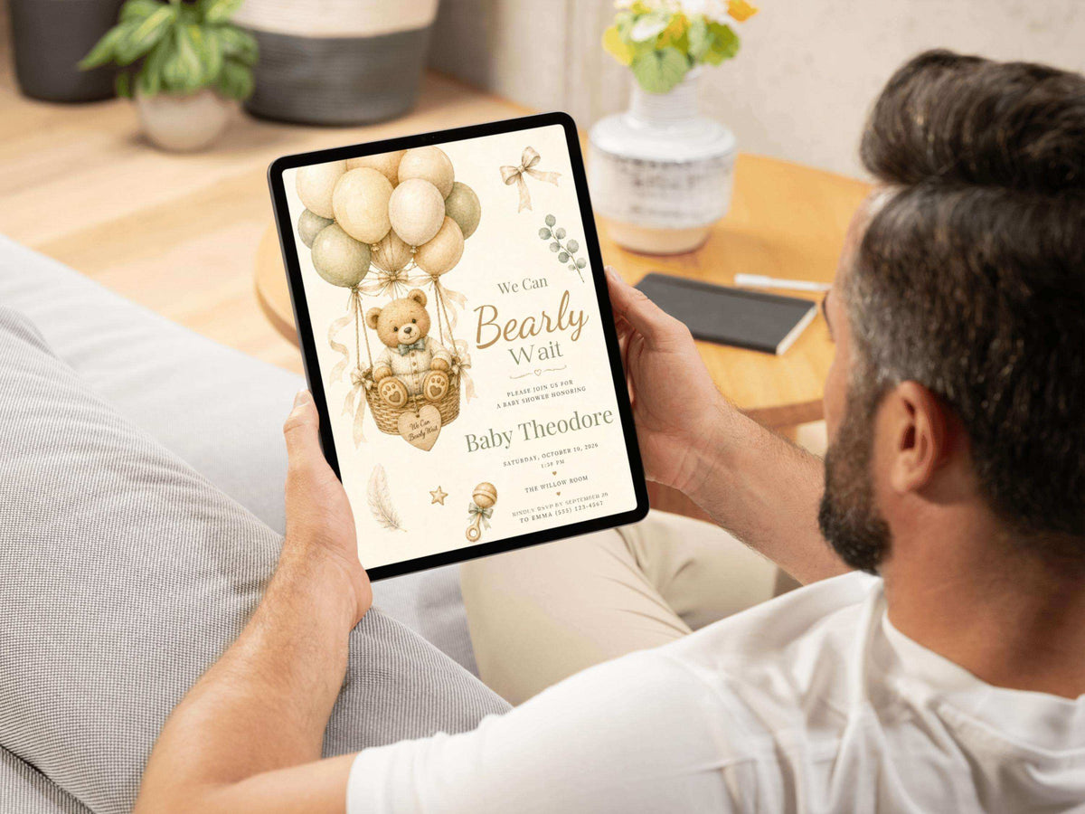 Vintage teddy bear baby shower invitation template product preview image, page 11, featuring the neutral watercolor teddy bear baby shower theme and portrait invitation design.