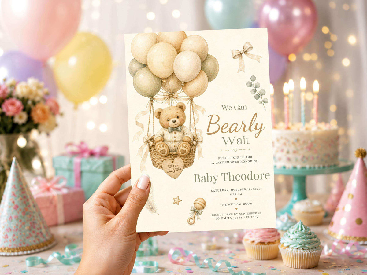 Vintage teddy bear baby shower invitation template product preview image, page 2, featuring the neutral watercolor teddy bear baby shower theme and portrait invitation design.